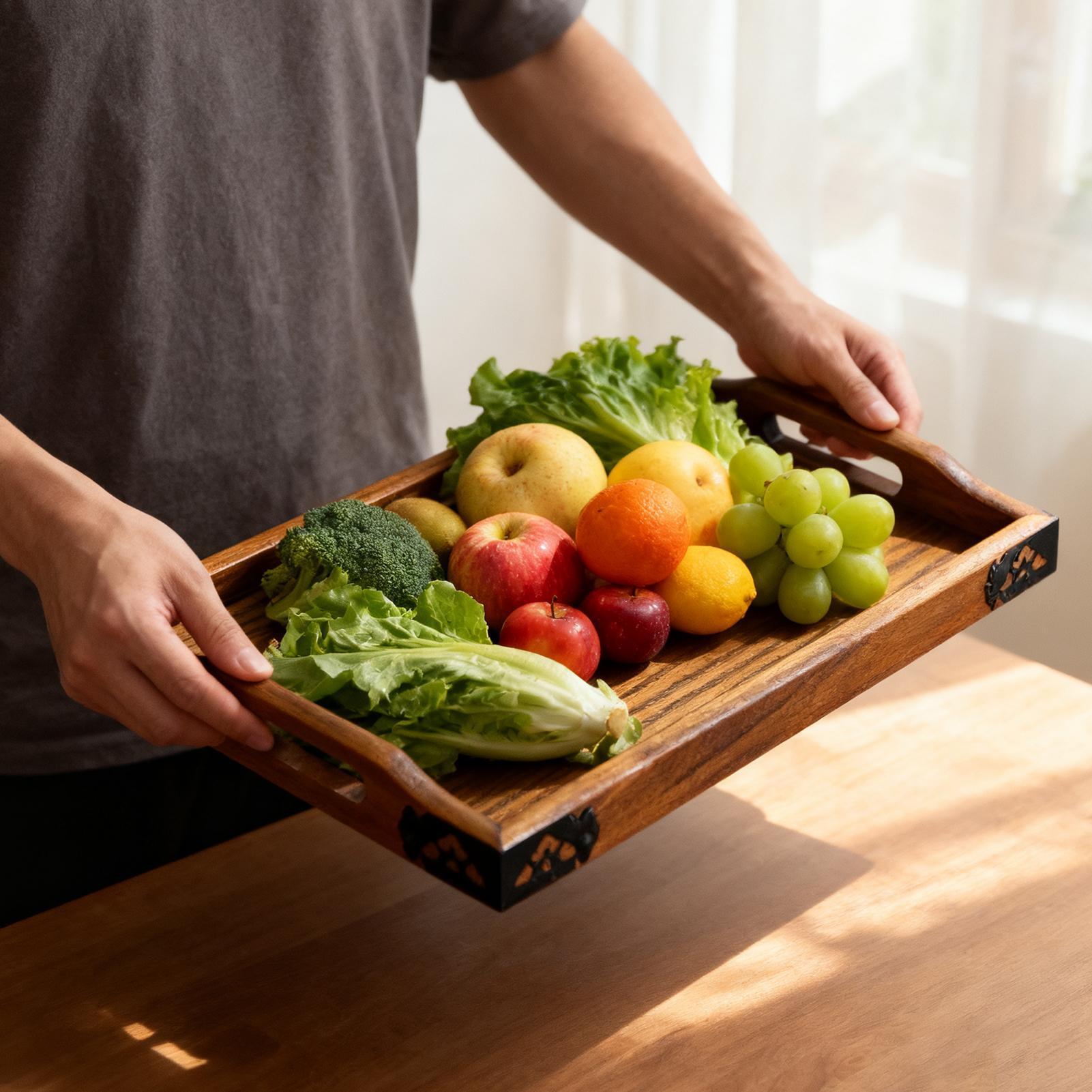 Food Platter Snacks - Drewniana taca do serwowania z uchwytami,